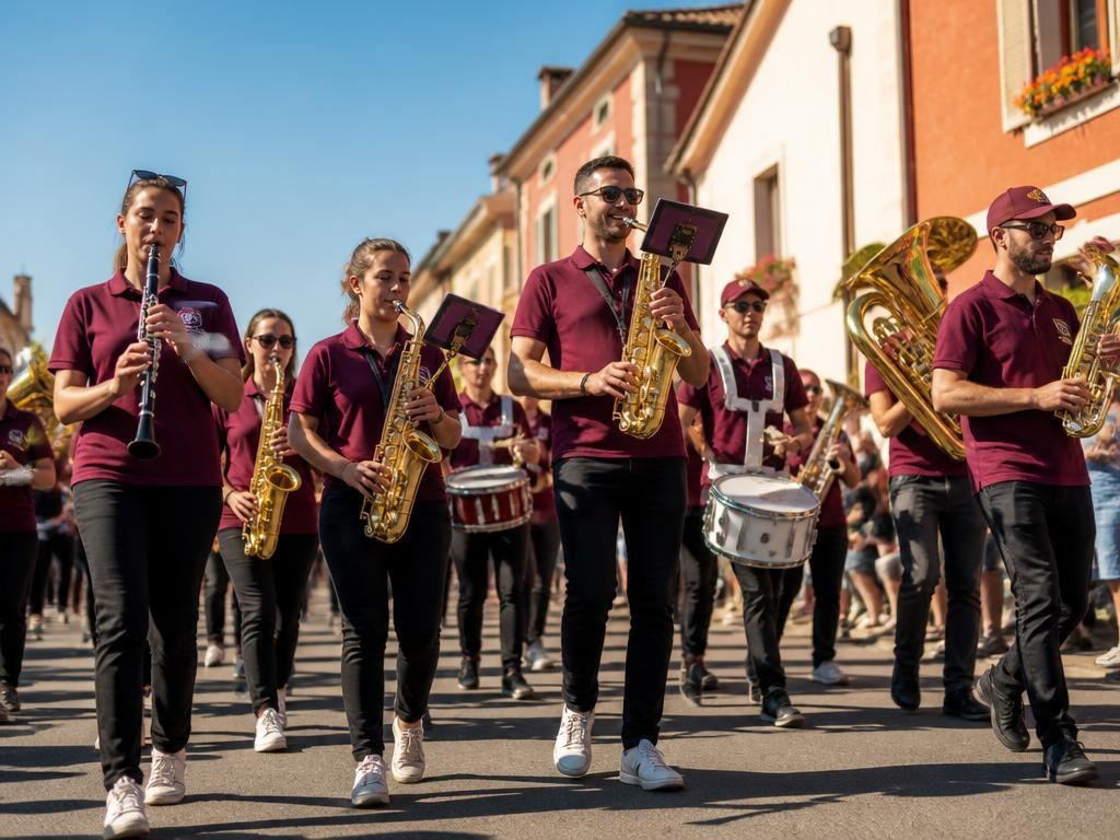 Groupe de bandas en polos bordeaux lors d'une fête de village
