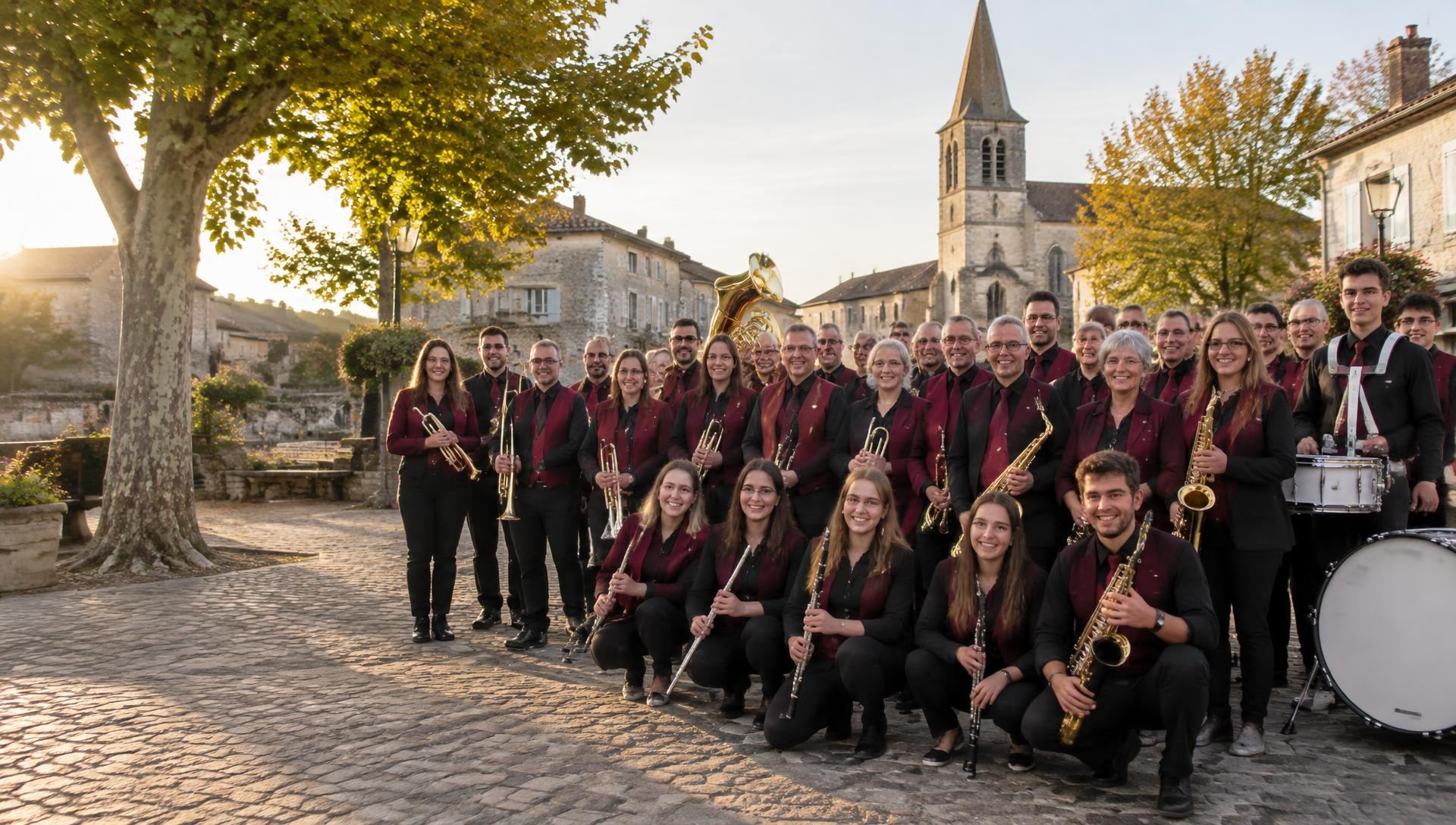 Harmonie de village réunie en tenues bordeaux et noires