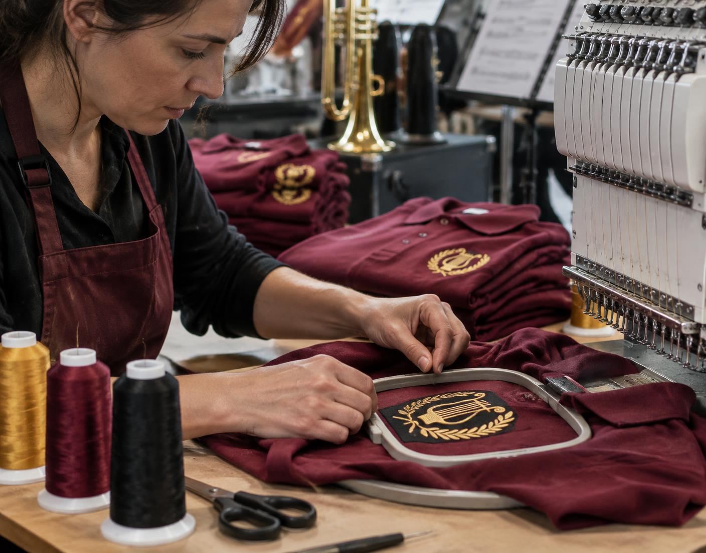 Personnalisation par broderie d’une tenue bordeaux pour musiciens