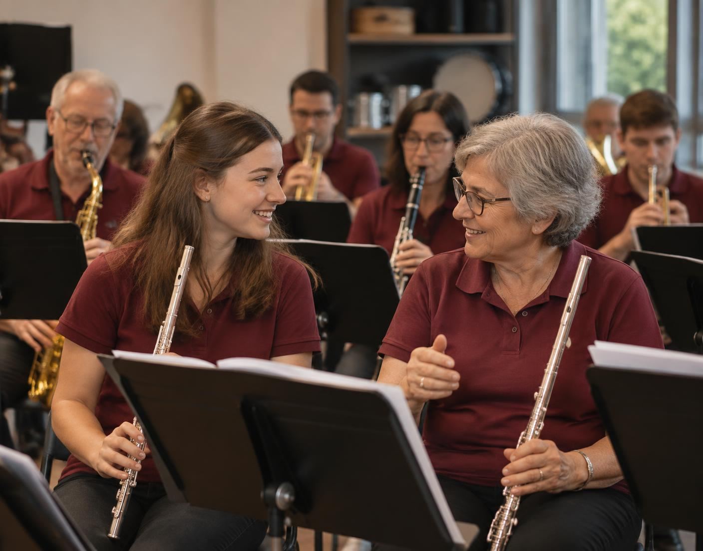 Deux générations de musiciennes partageant une répétition en tenue coordonnée